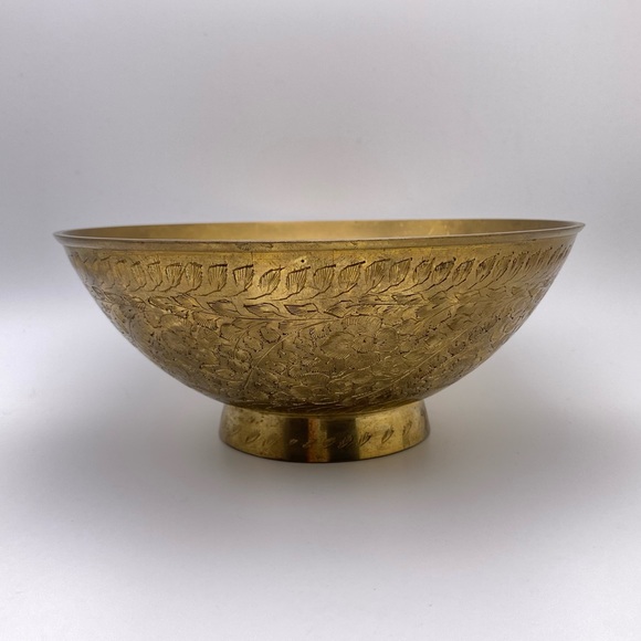 Vintage Other - Vintage Brass Pedestal Bowl Etched Floral Pattern